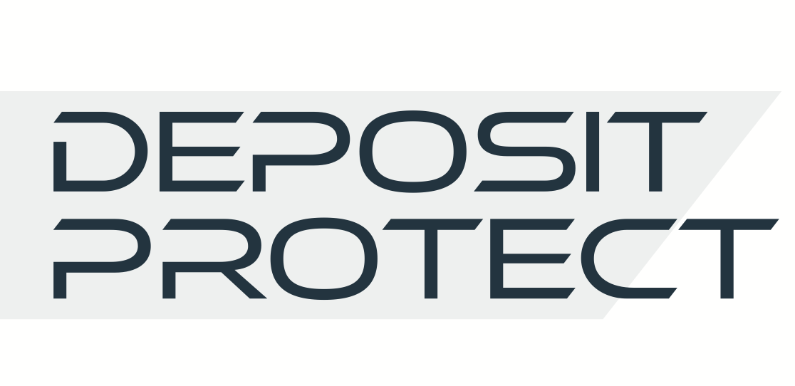 Bold, modern text reading "DEPOSIT PROTECT" on a clean light gray background with angular design elements.