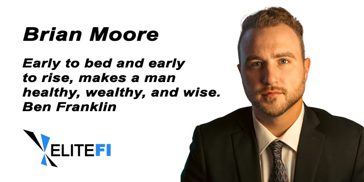 Man in dark business suit and patterned tie against white background with Ben Franklin quote about early rising and EliteFI logo.