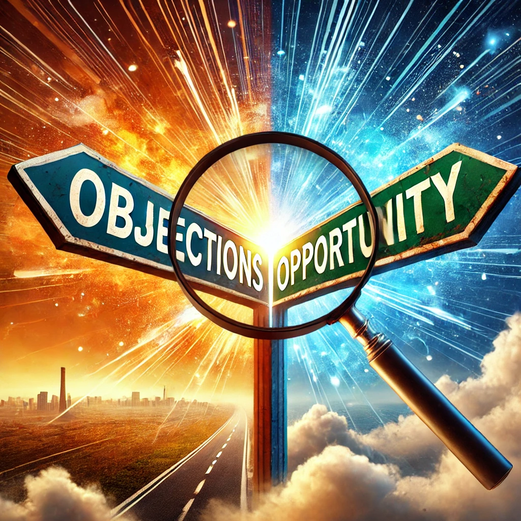 Magnifying glass examining directional signs labeled "Objections" and "Opportunity" with contrasting orange and blue energy bursts, clouds, and cityscape below.