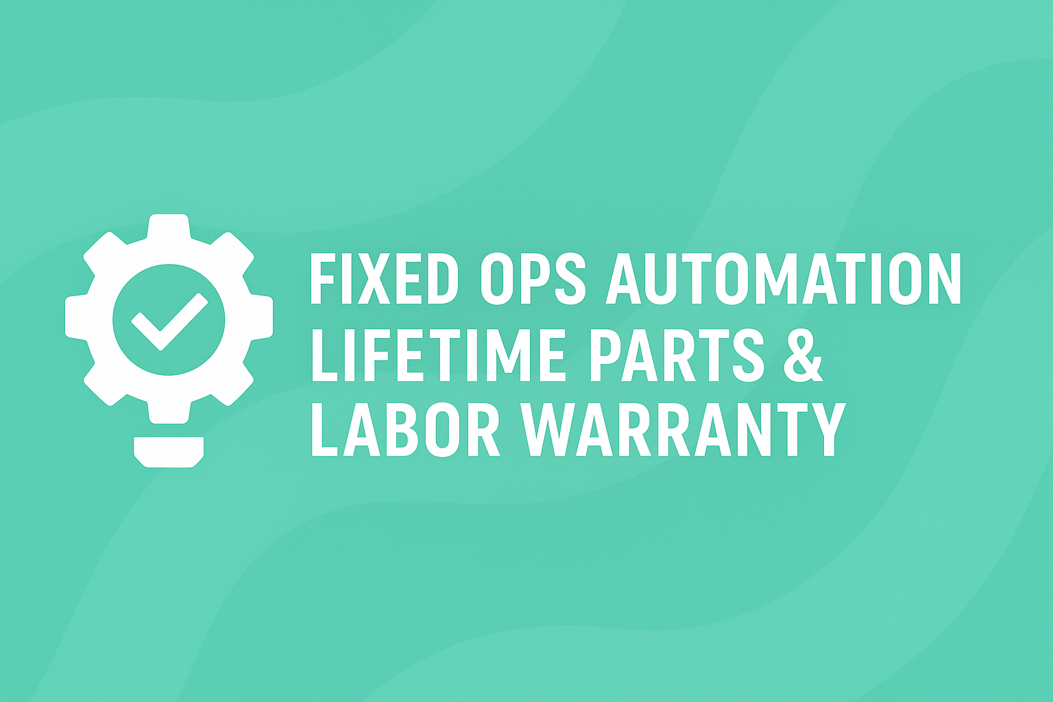 White gear icon with checkmark on turquoise background with warranty text overlay