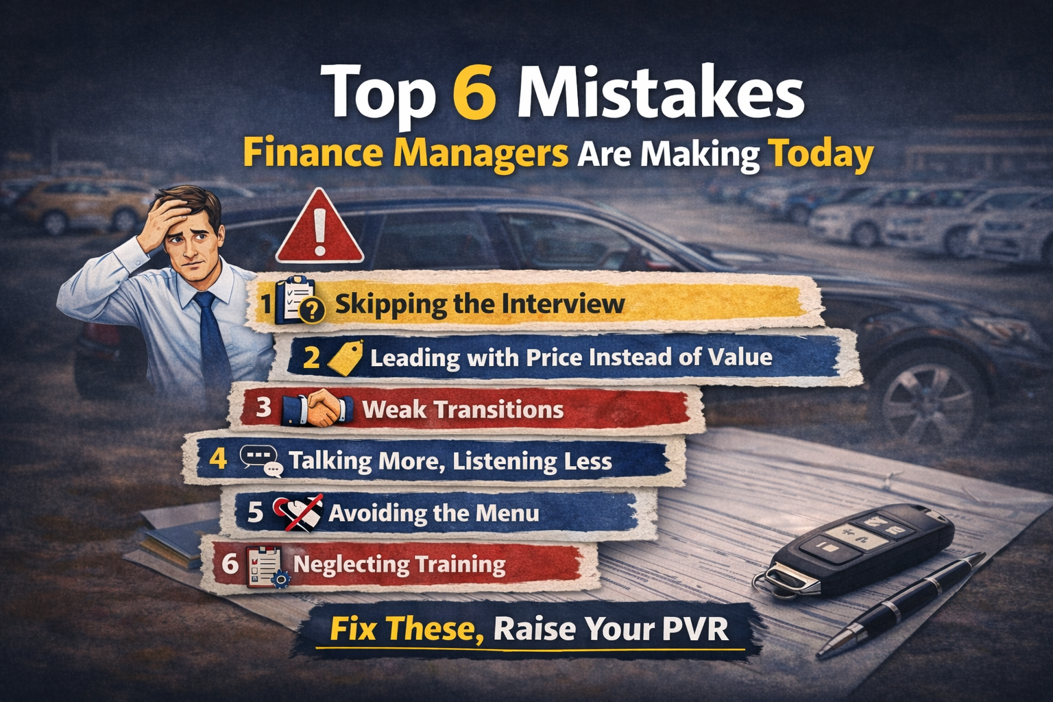 Stressed businessman holding his head next to a warning sign, with a numbered list of mistakes displayed on colored banners, car keys and pen on wooden desk, automotive lot in blurred background.