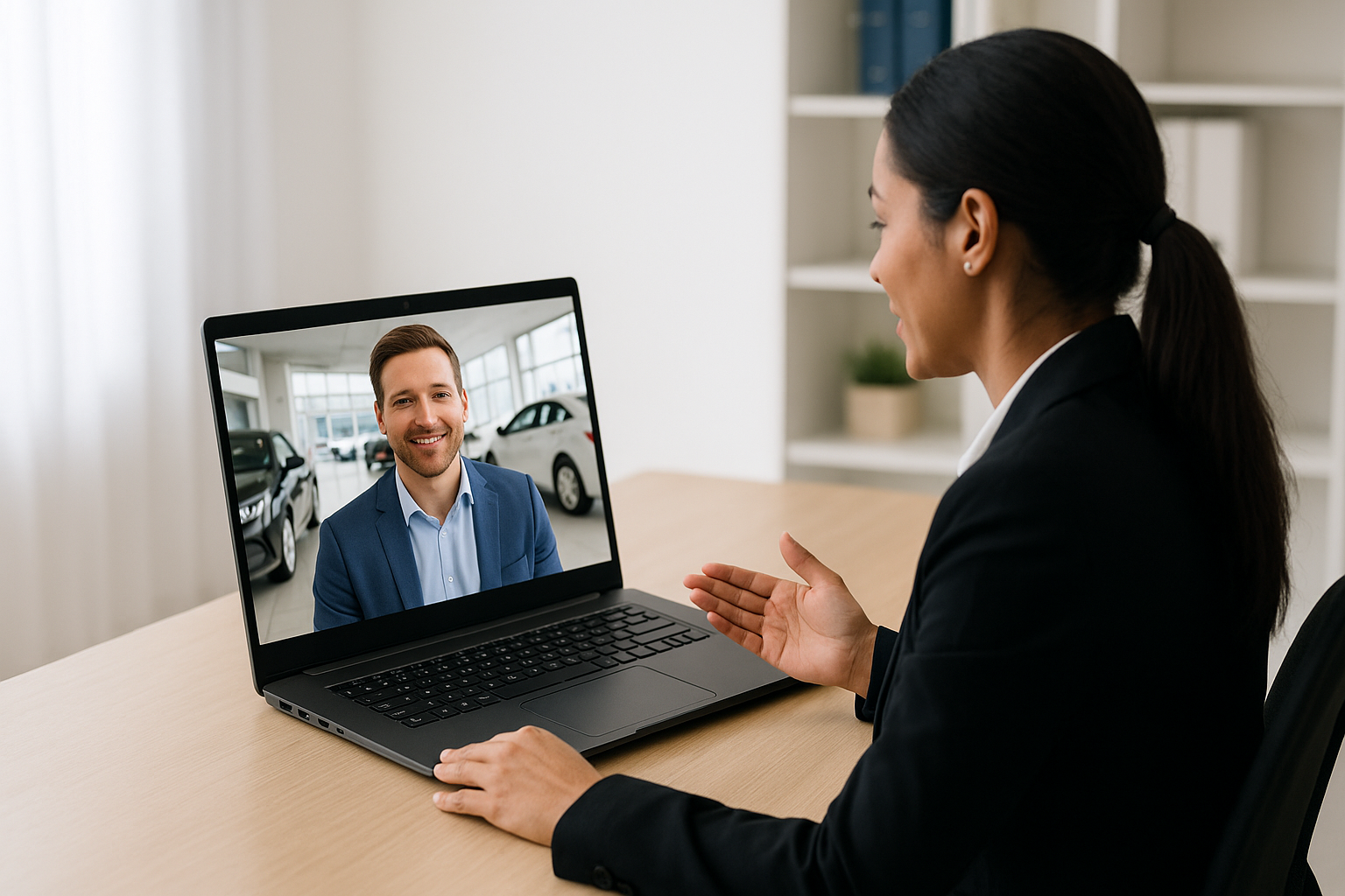 Woman in business attire video conferencing with man on laptop in modern office with shelving and window behind her.