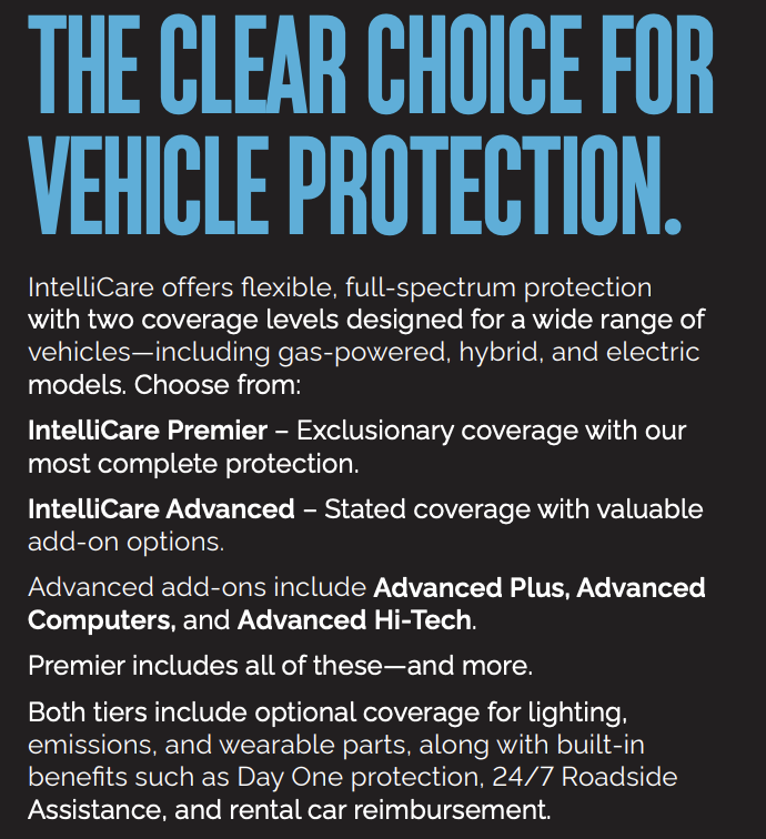 Dark background with large blue text describing IntelliCare vehicle protection coverage options and details about Premier and Advanced tiers.