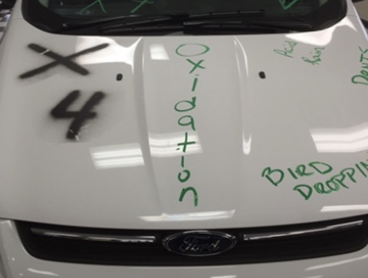 White Ford car hood covered with handwritten green and black text and mathematical equations
