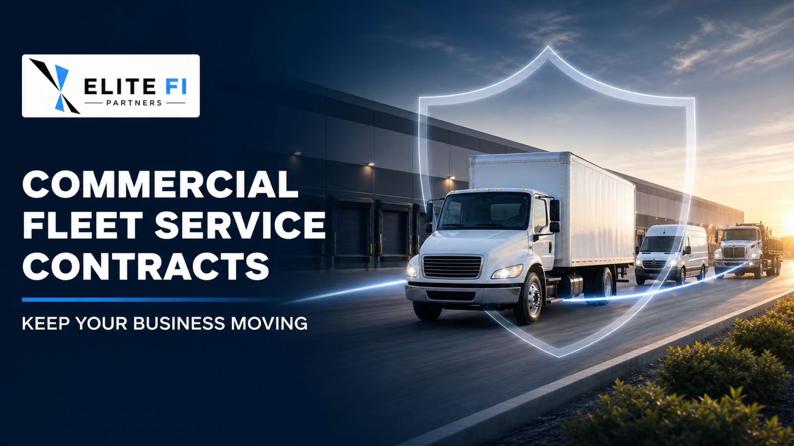 Commercial fleet service contracts — keep your business moving. A white box truck, cargo van and flatbed truck pull away from a warehouse loading dock at sunrise, with a protective shield graphic overlaid across the fleet and the Elite FI Partners logo.