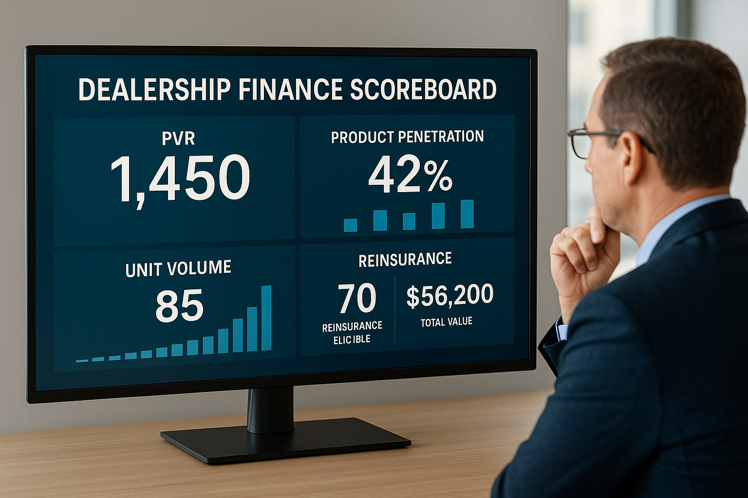 Businessman in glasses viewing a computer monitor displaying a dealership finance scoreboard with metrics including PVR, product penetration, unit volume, and reinsurance data.