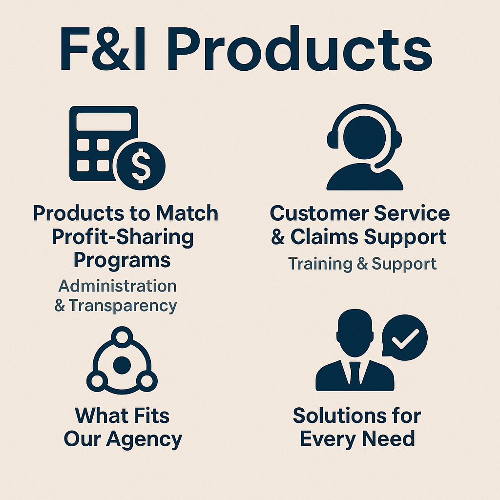 Beige background with dark blue icons and text displaying four F&I product categories: calculator with dollar sign, headset customer service representative, connected network nodes, and businessman wi