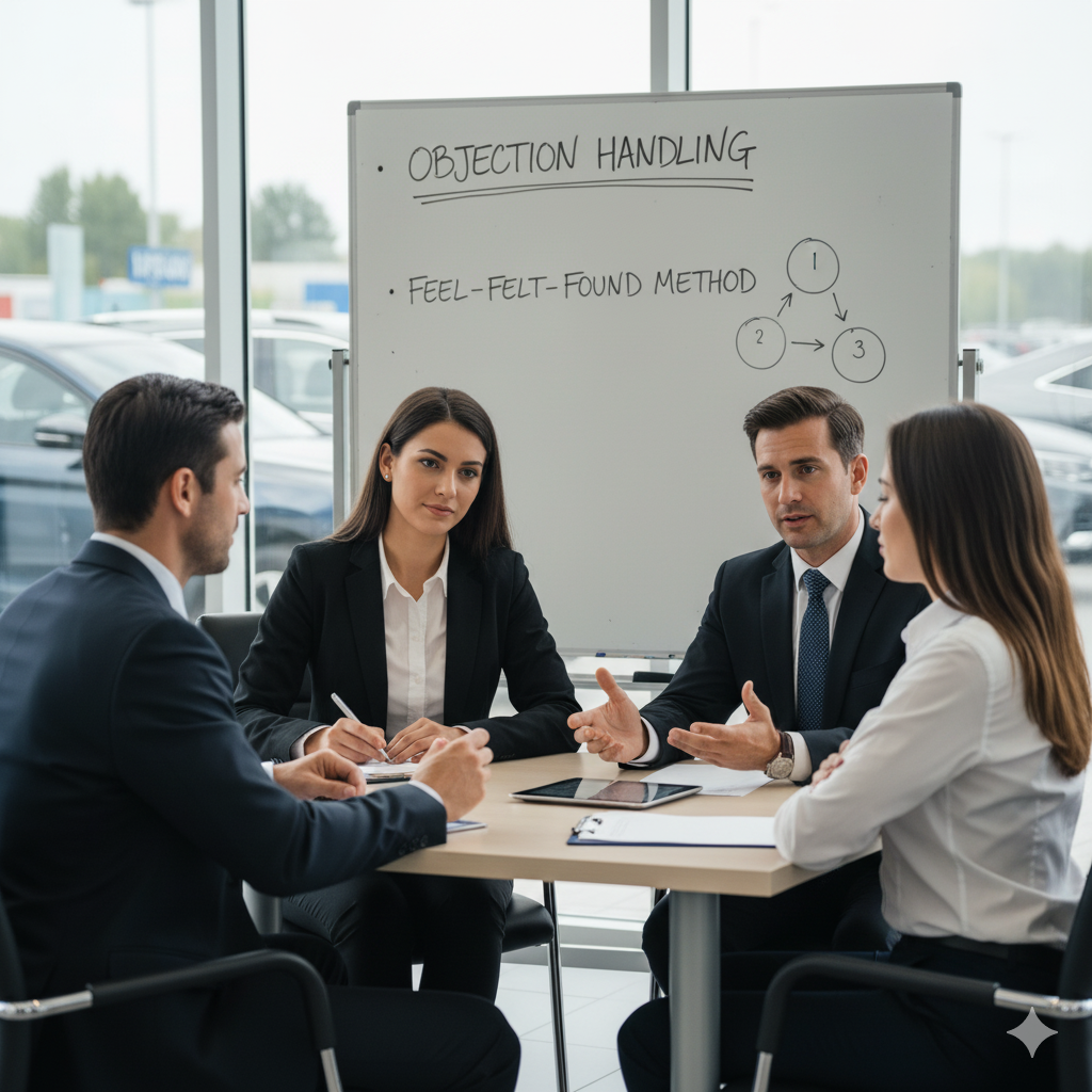 Four business professionals in formal attire seated at a table during a meeting, with a whiteboard behind them displaying "Objection Handling" and "Feel-Felt-Found Method" diagram.