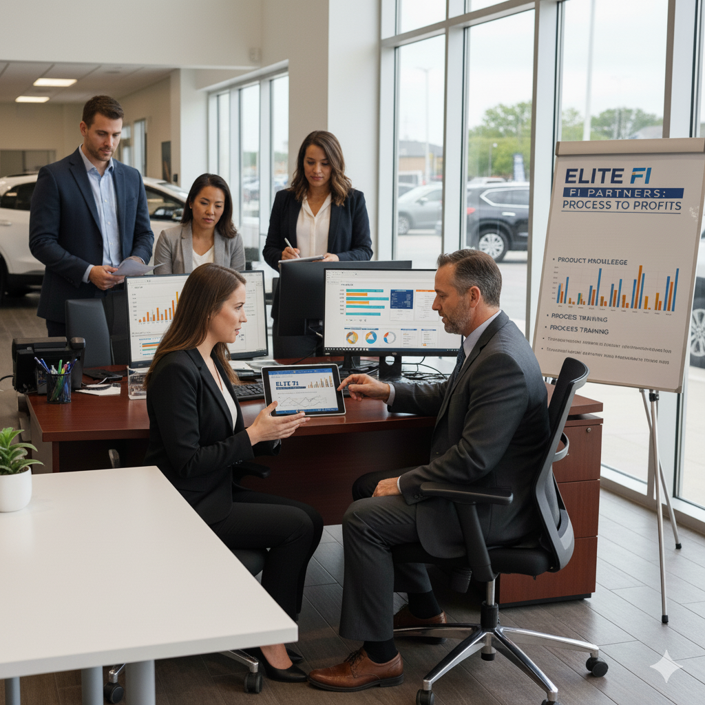 Business professionals in modern dealership office reviewing financial data on tablet and computer screens, with colleagues observing in background near large windows overlooking parking lot.