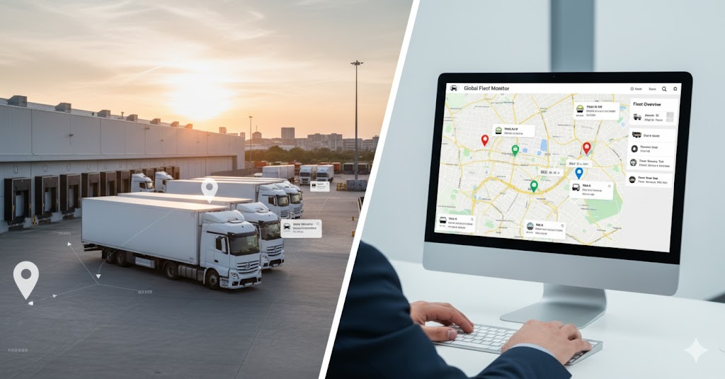 White delivery trucks parked at logistics facility at sunset; hand using computer displaying fleet tracking map with location pins.
