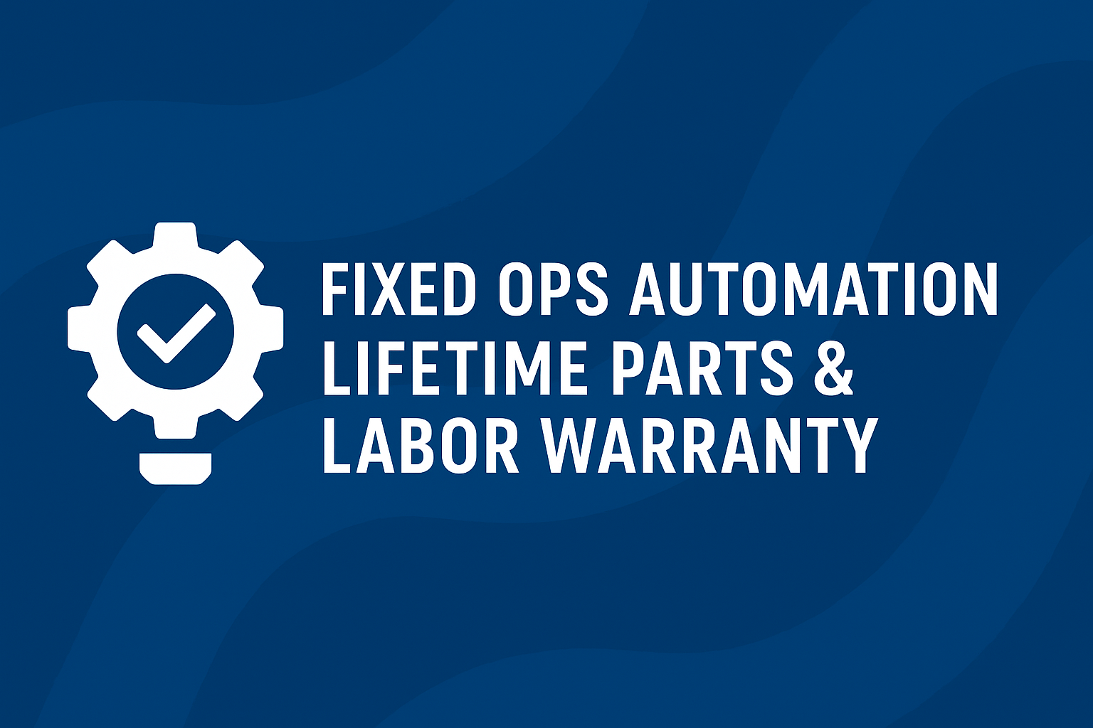 White gear icon with checkmark on deep blue background next to warranty text