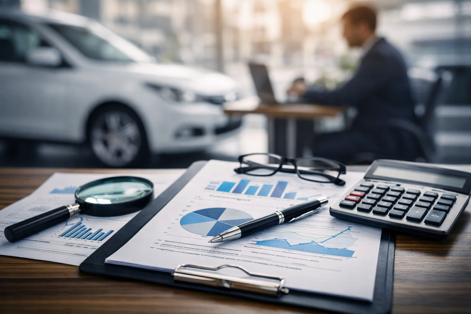 Financial documents with pie charts and bar graphs, magnifying glass, pen, calculator, and eyeglasses on desk overlooking car dealership lot.
