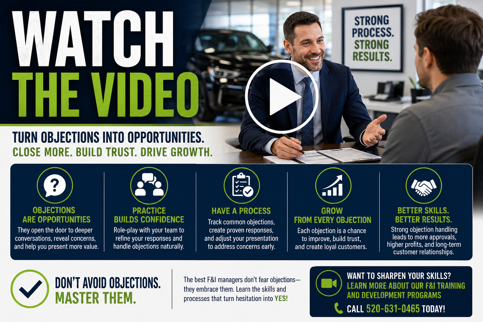 Smiling businessman in navy suit discusses sales strategy with client at desk in car dealership showroom with play button overlay.