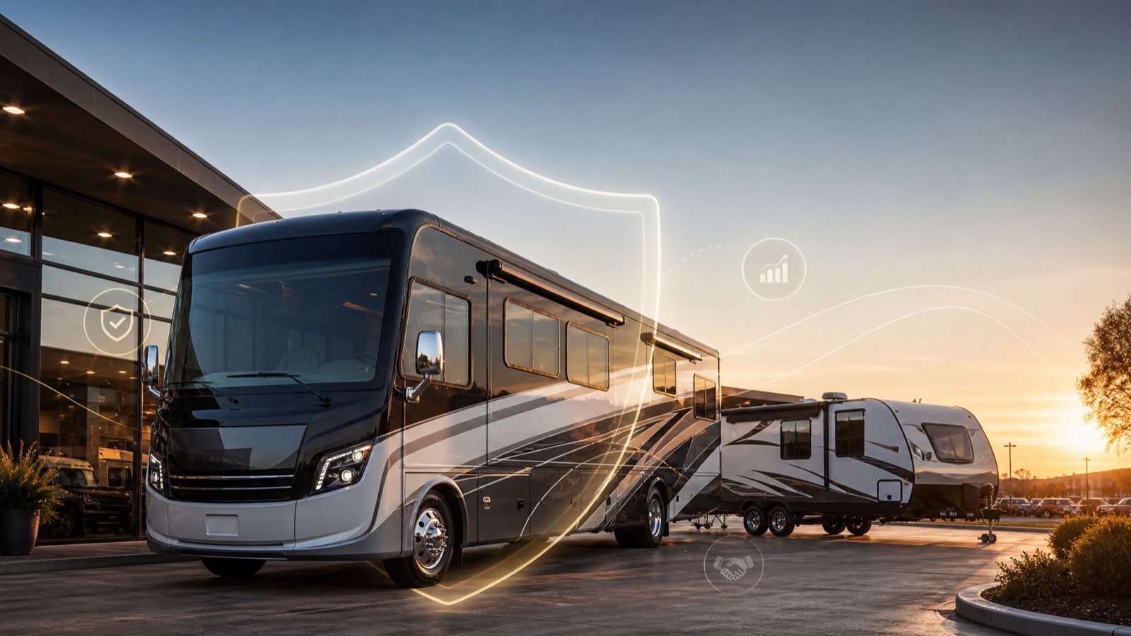 Class A motorhome and travel trailer at an RV dealership at sunset with F&I protection, growth, and partnership icons overlaid