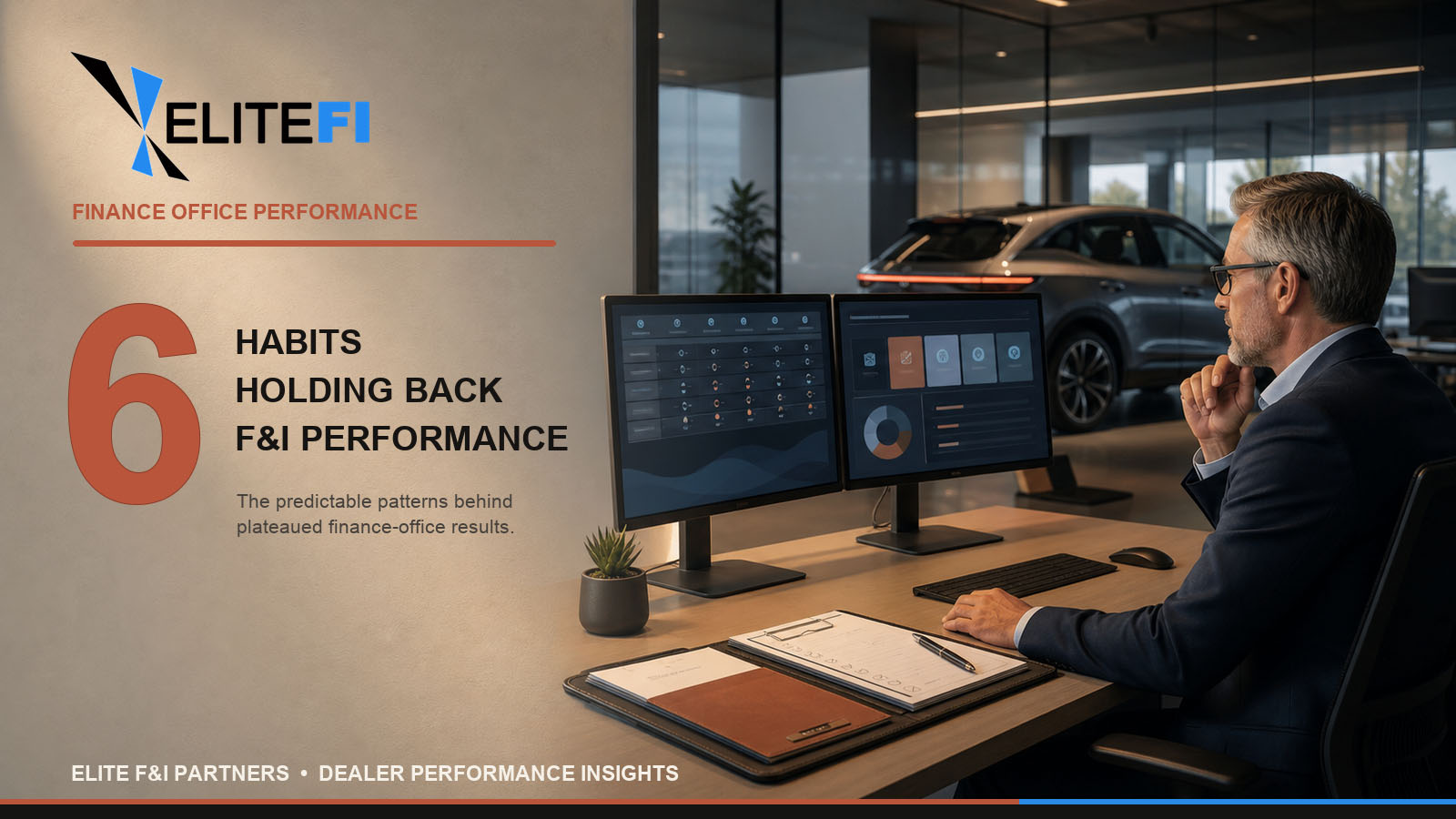 Elite FI Partners cover graphic reading "6 Habits Holding Back F&I Performance" beside a dealership finance manager reviewing performance dashboards at his desk.