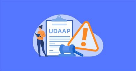 Person holding clipboard with UDAAP document and warning triangle icon on blue background