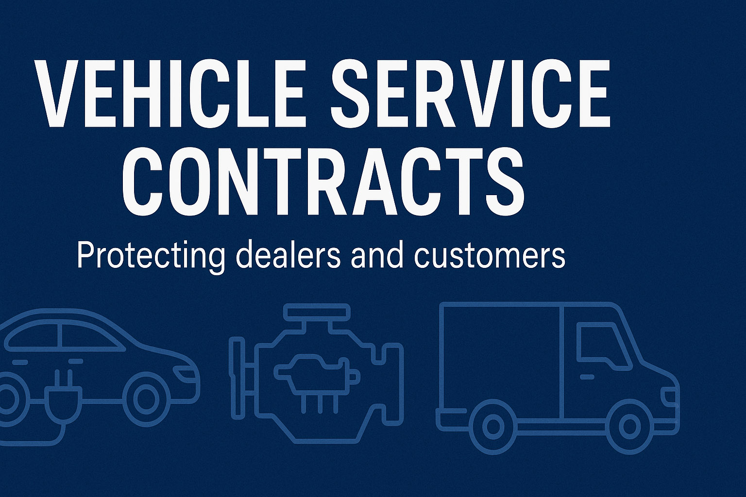 White text on dark blue background with outlined icons of a car, engine symbol, and delivery truck below.