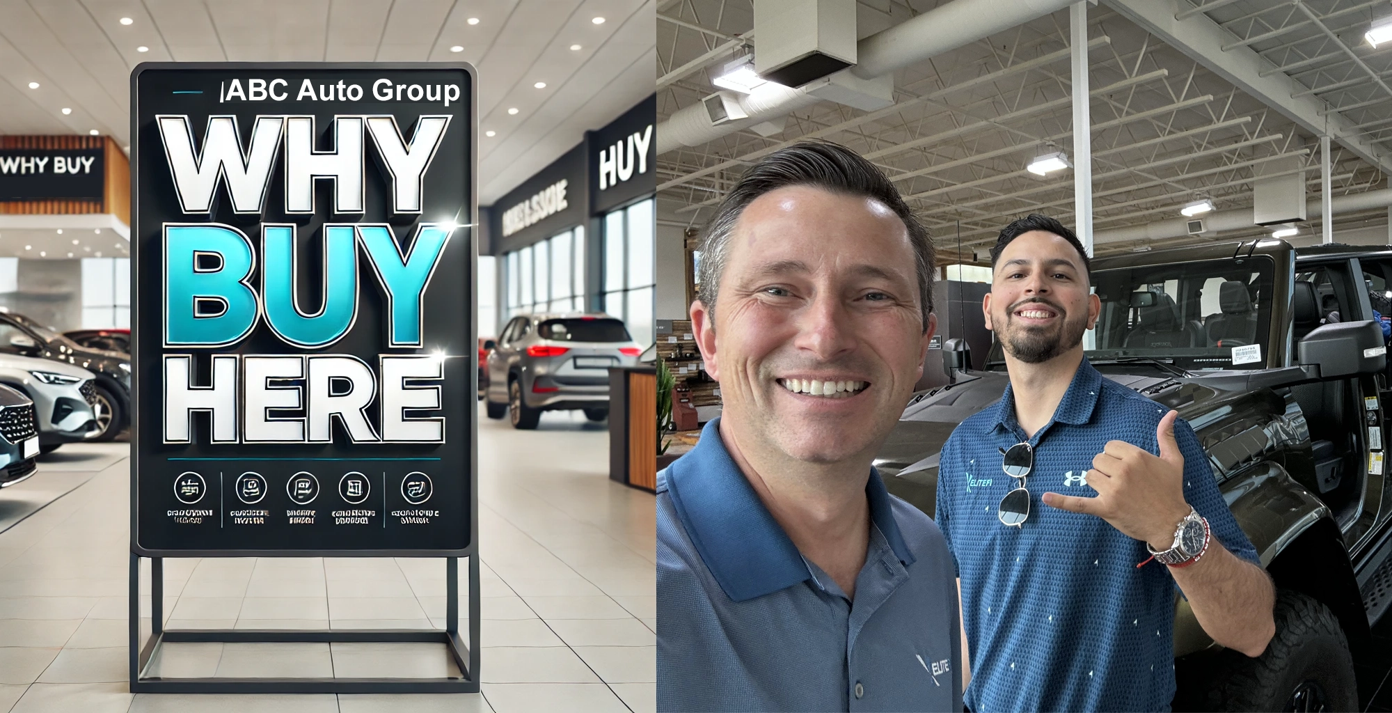 Two smiling male car dealership employees in blue shirts standing on showroom floor next to "Why Buy Here" sign displaying dealership benefits.